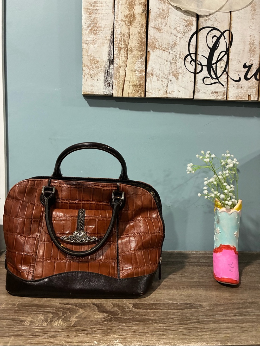 Brown Croc-Embossed Leather Satchel Bag - Designer Style